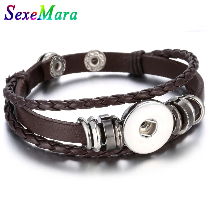 Лидер продаж ювелирные изделия 18 мм кожаный плетеный браслет с кнопками для