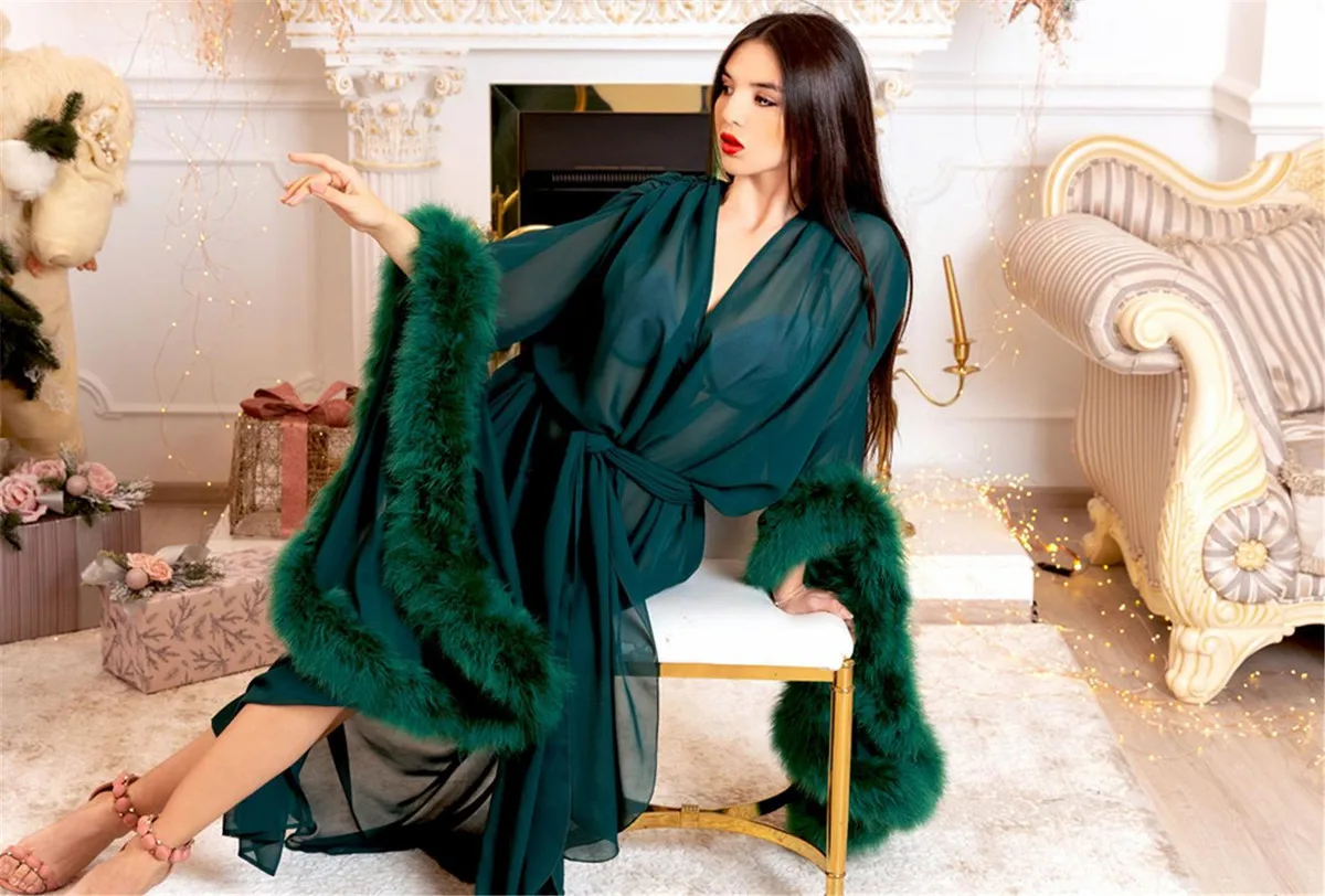 

Women's Green Evening Dresses Sexy Faux Fur Ladies Custom Made Bathrobe Sheer Floor Length Bridesmaid Robe