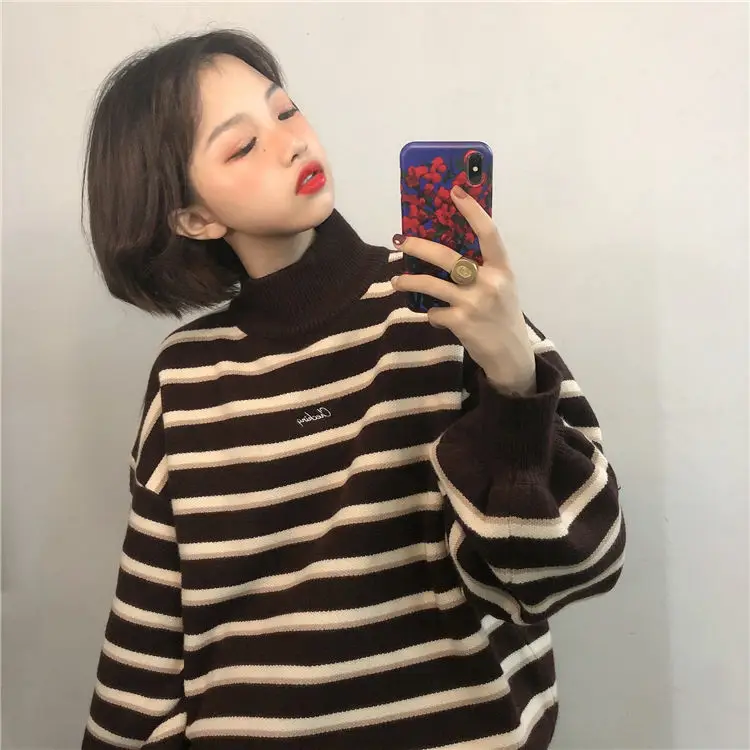 Утепленный свитер с высоким воротником для студенток на осень и зиму Свободный