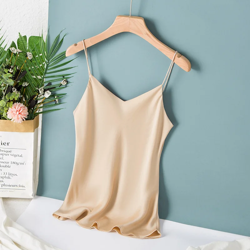 Gezelligheid Silk Tops For Women 2021 New Summer Sexy Elegant Casual  Bottom Loose Sleeveless V-Neck 100% Natural Silk Sling Top