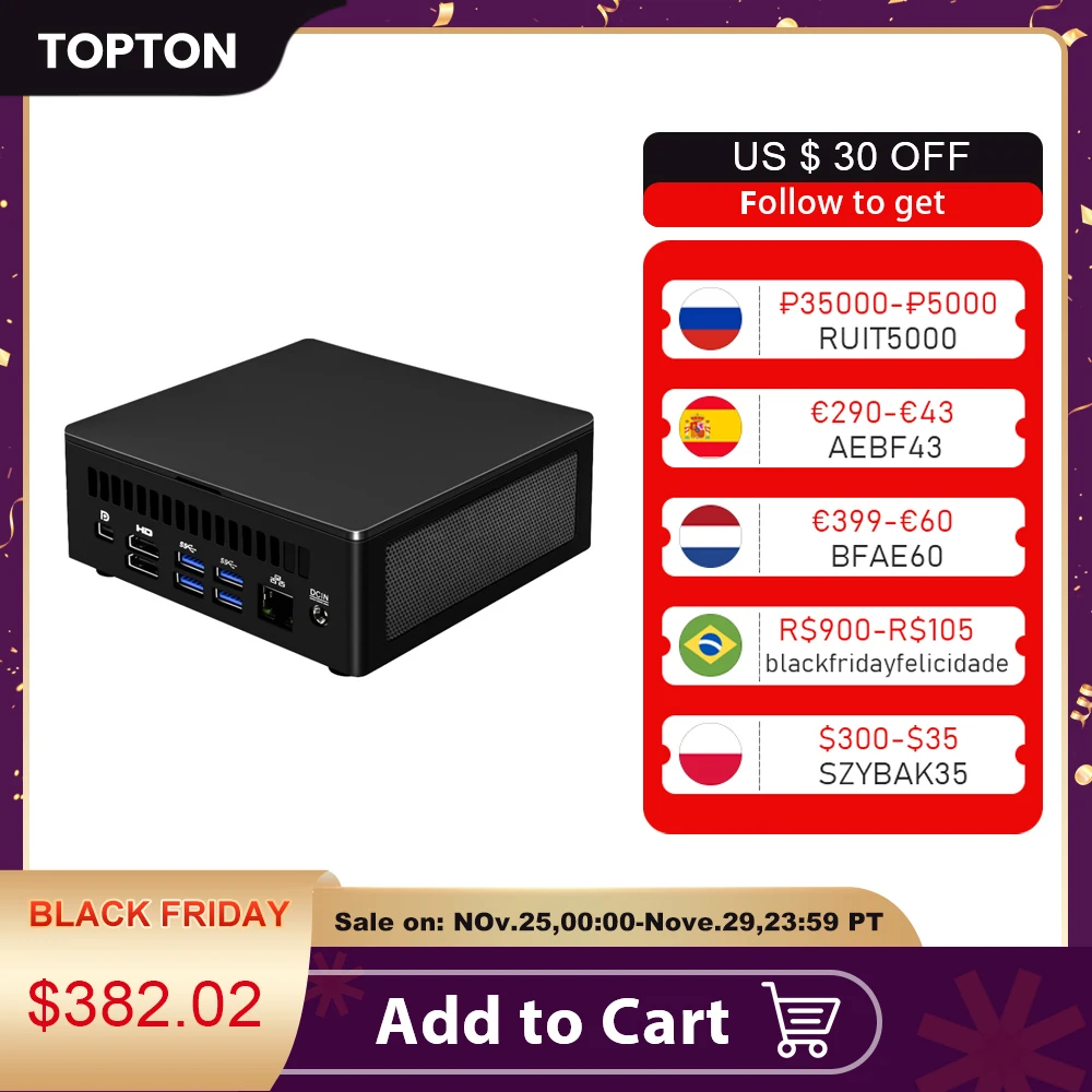 Игровой мини-ПК Topton i7 1165G7 i5 Windows 11/10 Thunderbolt 4 2 * HDMI DP 8K HD 64 Гб SSD ультракомпактный