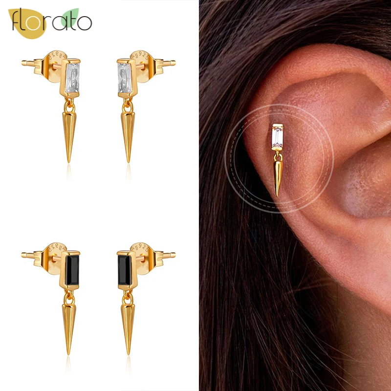 

New Fashion Black/White Zircon Stud Earrings 925 Sterling Silver Crystal Geometric Ear Bone Earrings For Women Beautiful Jewelry