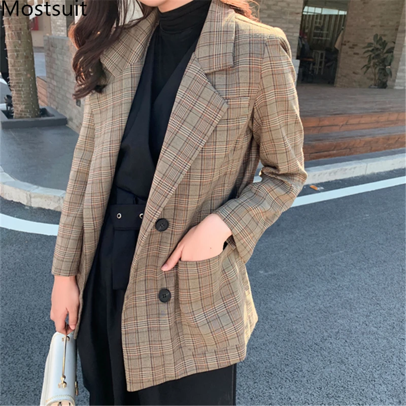 

Vintage Korean Double Breasted Plaid Women Blazer Pockets Jackets Female Retro Casual Fashion Suits Coat Blazers Outerwear 2019