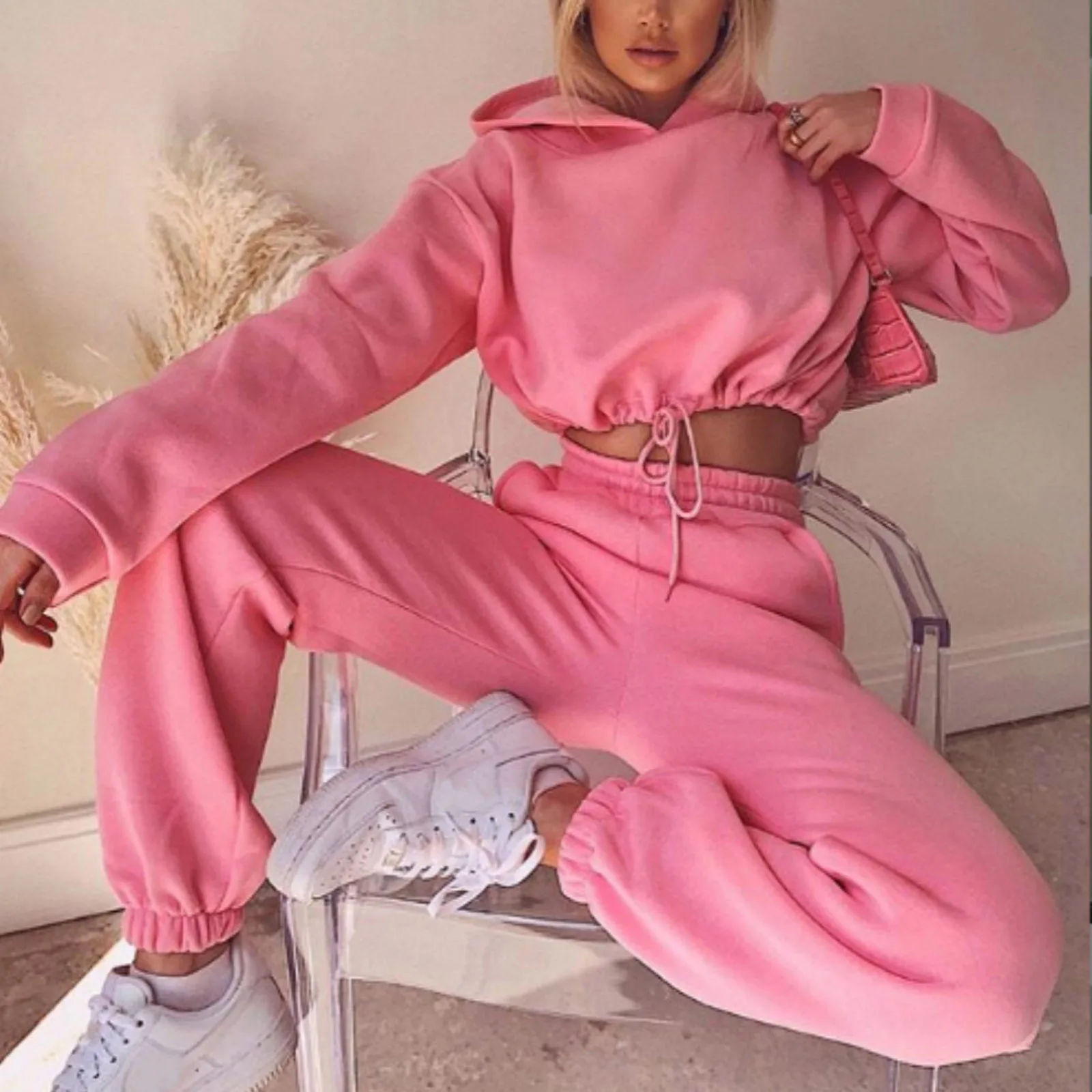 

CARDE HOMES Autumn Winter Two Piece Set Women Sports Suit Sweater Long Sleeve Short Top Casual New Hooded Tracksuit Track Pants