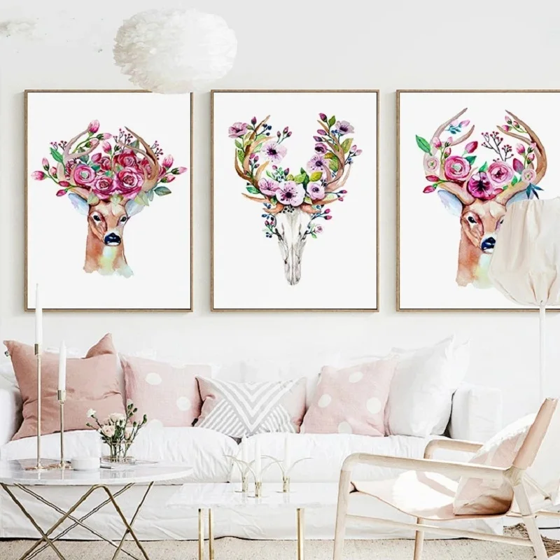 

Плакаты в скандинавском стиле, олени с перьями животных, картины на холсте, принты с цветами оленя, картина для офиса, гостиной, Настенный де...