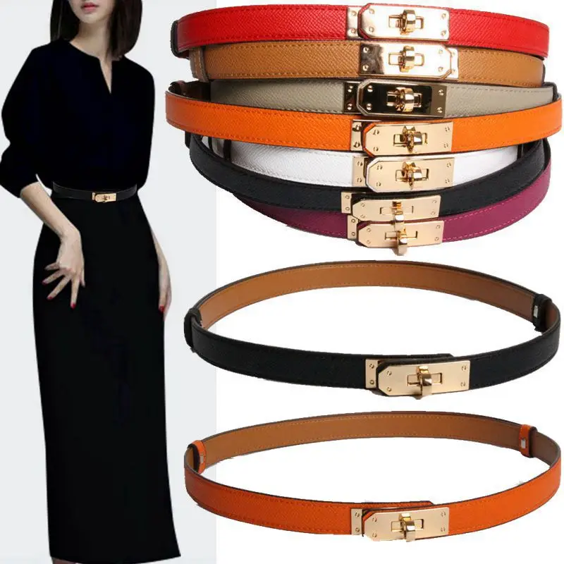 

2021 New Luxury Brand High Quality Women Real Leather 1.8cm Width Belts Golden Lock Buckle Dress Jeans Sweater Waistband Belt