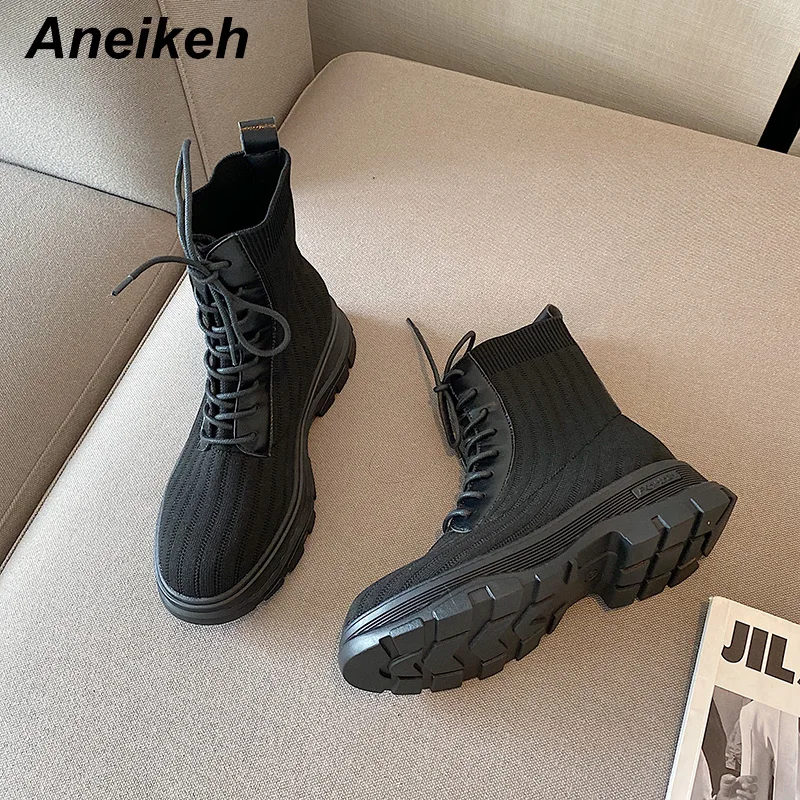 

Aneikeh весна/осень 2021 женские туфли из эластичной ткани на шнуровке с перекрестной шнуровкой и круглым носком на квадратном каблуке однотонны...