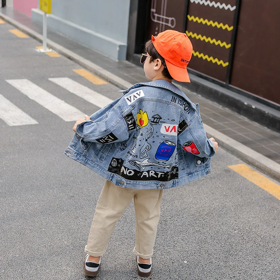НОВЫЕ куртки для мальчиков джинсовая куртка с рисунком граффити Повседневная