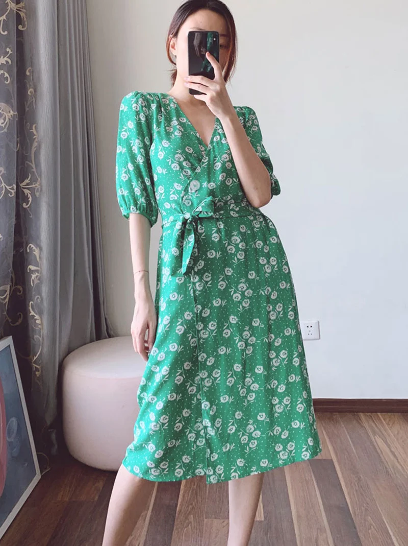 

2019 New Women French Prairie Chic Wrap Dress Summer Short Sleeve Long Dress With Belt