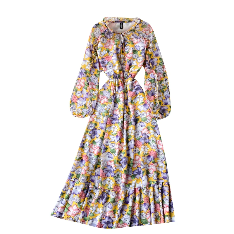 

Fall New Floral Holiday Travel Dress with Round Neck Puff Sleeve Slim Slimming Woman Dress with Fungus UK580