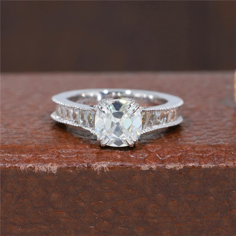 

RandH 2.0CT 7.0mm Cushion Cut Vintage Art Deco Moissanite Ring 14K White Solid Gold Antique Women's Ring Anniversary Wedding