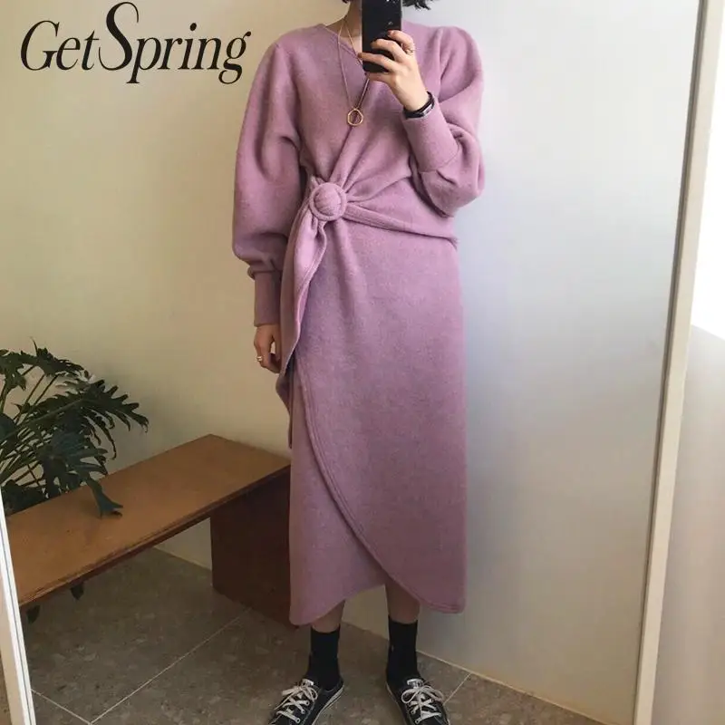 Getвесеннее женское платье элегантное шерстяное с v образным вырезом и длинным