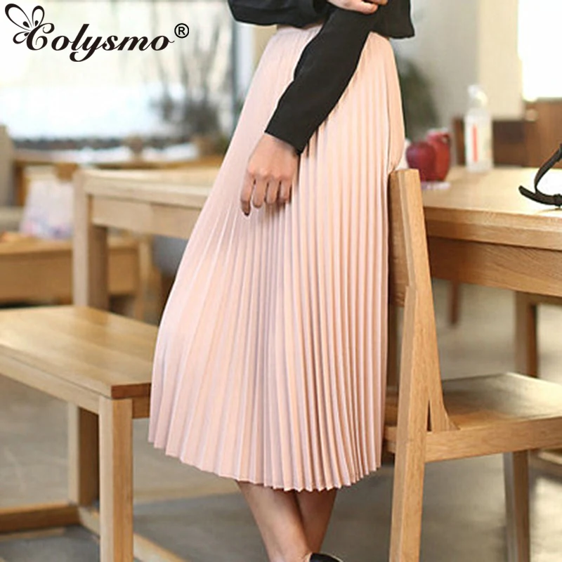

Colysmo Spring Pleated Skirts Womens 2020 Solid Color High Waist Long Skirt Office Ladies Basis Casual A-line Skirt Blue Black