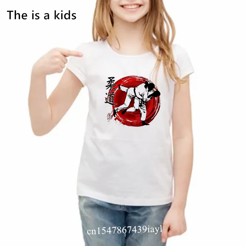 Hot Sale Kanji Judo Sakura Print Boy Unisex Tshirt Nice Round Neck Kids Tshirt Summer Boys T Shirt Cute Girls White Tops