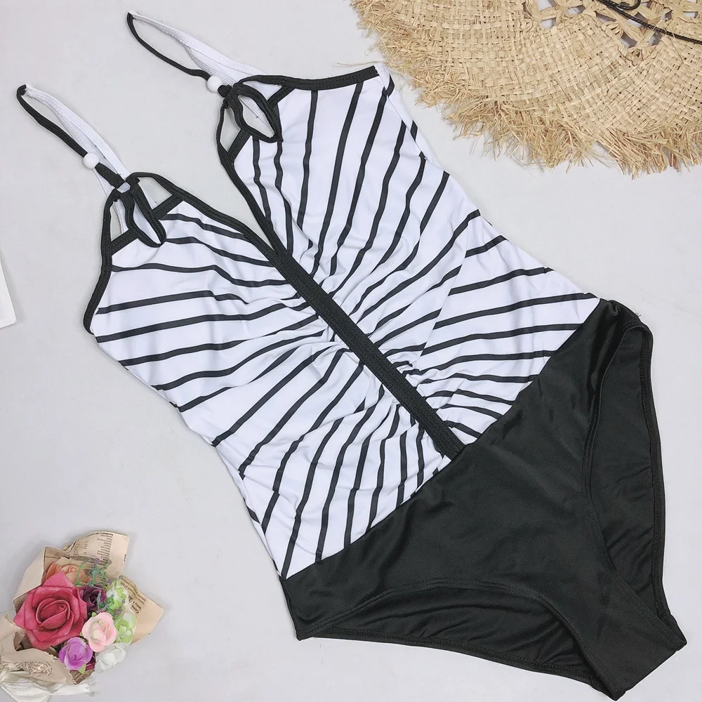 

2021 New Vintage Swimsuit Women Plus Size One Piece Swimwear Deep V NeckStriped Backless Bathing Suit Bikini Beach