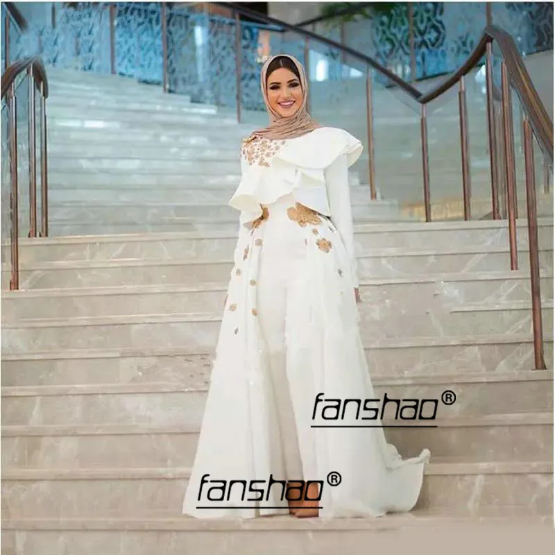 

Pants Muslim Evening Dresses Scarf Detachable High neck Full Sleeve Satin Lace Special Occasion Party Dress Custom