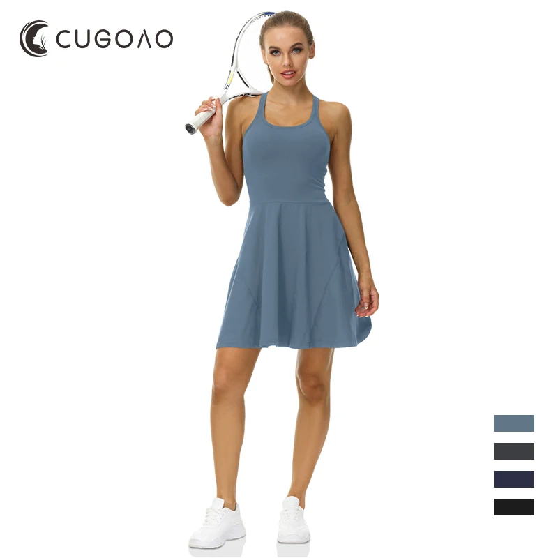 

CUGOAO Casual Sport Dress Women 2 Piece Solid Color Tennis Dress Set Sling Dresses With Shorts Suit Golf Sports Mini Dress Sets