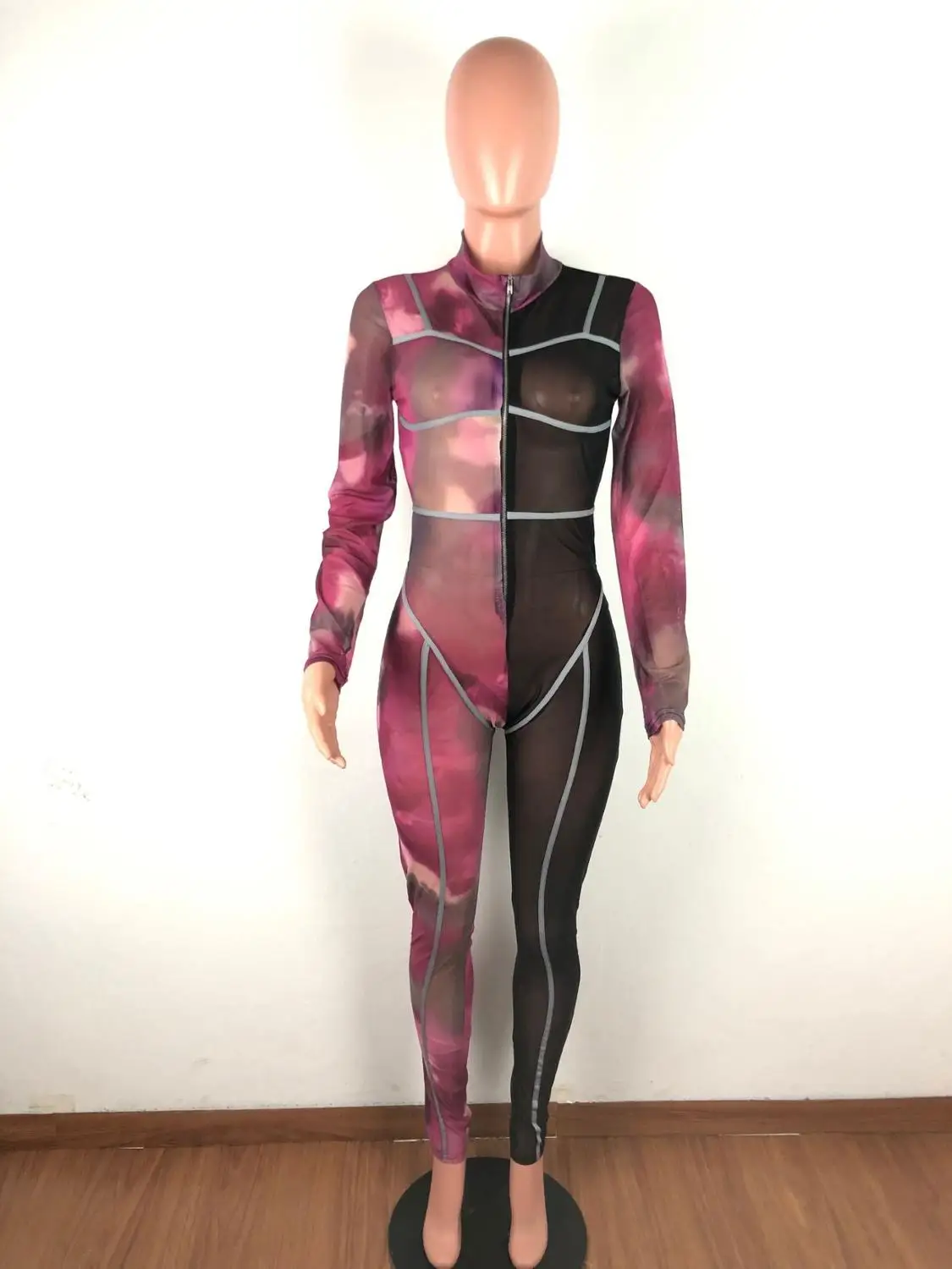 

Sexy Bodycon See Through Club Jumpsuits Plus Size Slim Colorful Women Mesh Rompers Fall Long Sleeve Zipper Bodysuit 2019 Clothes