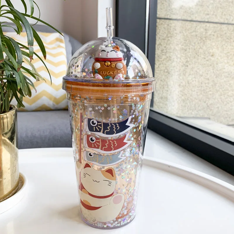 

Creative Lucky Cat Water Bottle with Straw Japanese Pink Cute Ice Cup for Kids Girls Double Wall Drinking Cup for Gifts