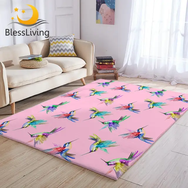BlessLiving Hummingbird Large Carpets for Bedroom Watercolor Bird Play Floor Mat Pink Living Room Area Rug Colorful Center Rug 1