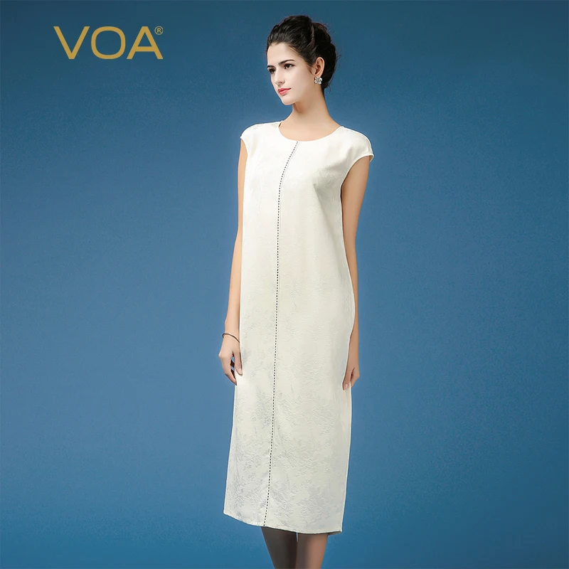 VOA однотонное белое офисное женское шелковое жаккардовое платье элегантное