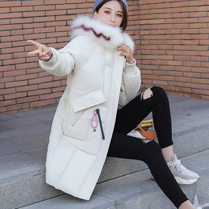 Women's Winter Parka Coat 2021 New Korean Long Loose Down Padded Jacket Fur Collar Thick Keep Warm Long-Sleeved Fashion Jacket