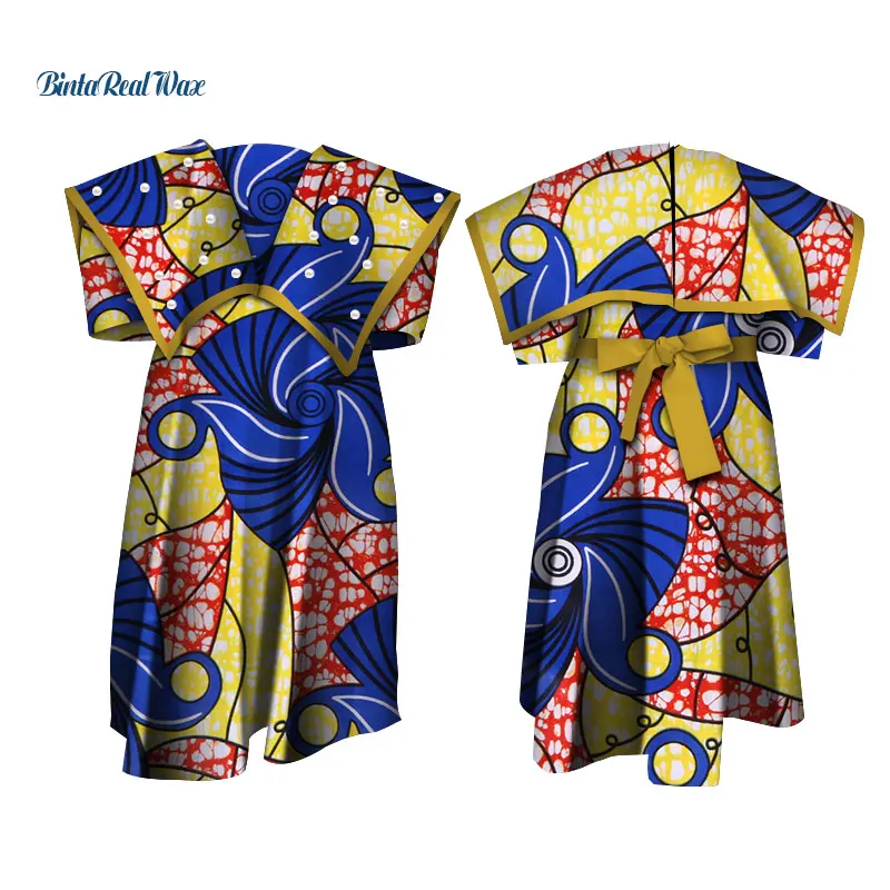 

Lovely Girls Pearl Bow Wide Collar Dresses Bazin Riche African Print Ankara Dresses for Kids Children African Clothing WYT333