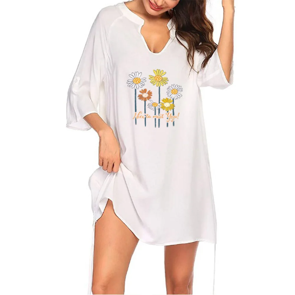 

Купальники Cover Up пляжная шифоновое женское платье с v-образным вырезом с цветочным принтом плиссированные свободное платье-рубашка; Женская...