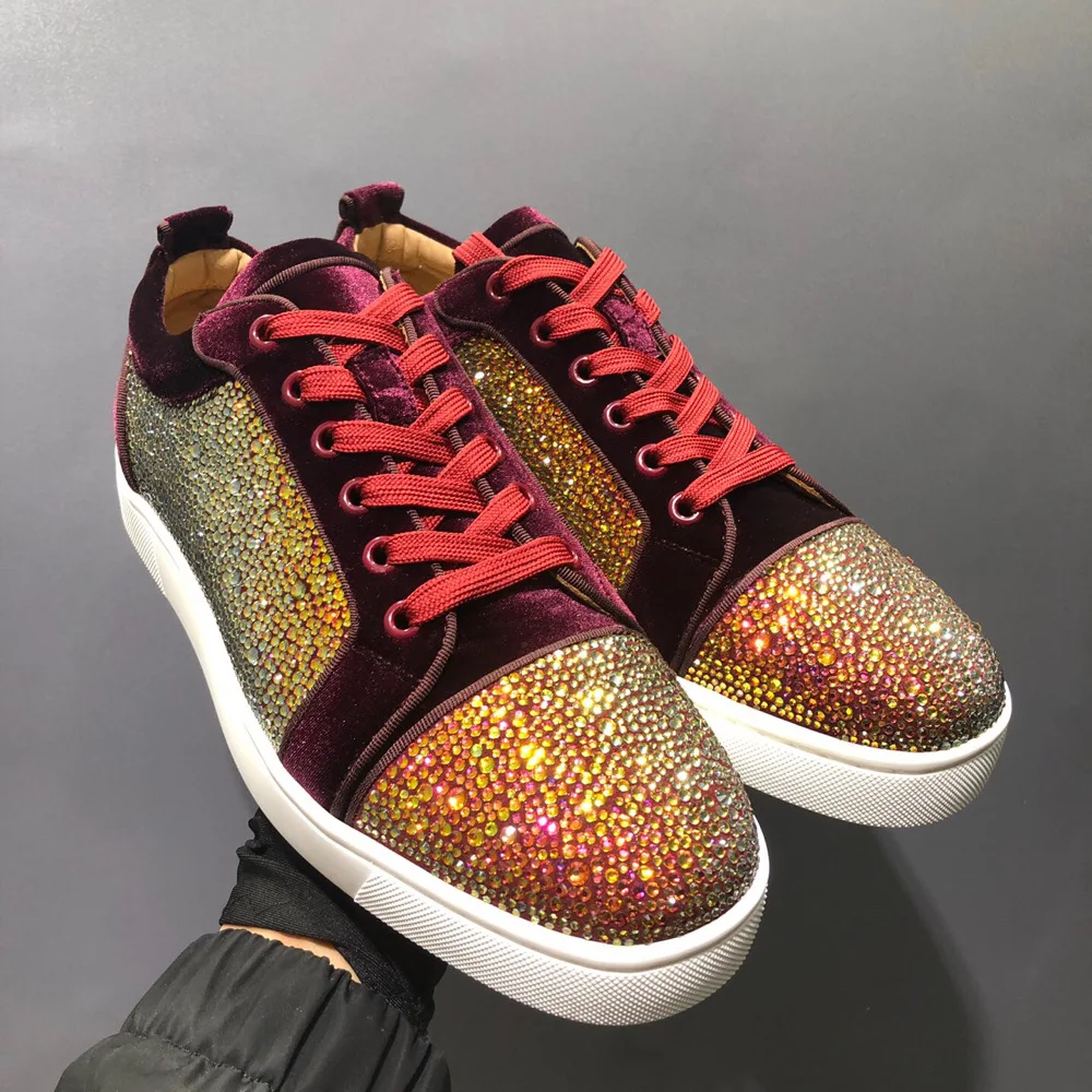 

21 Classic Luxury Low Top Leather Suede Flame Purple Full Rhinestone Lace Up Red Bottom Shoes For Men Ladie Flats Casual Loafers
