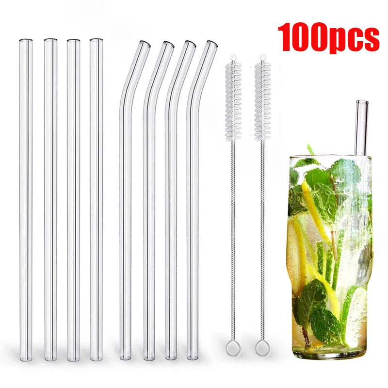 

100PCS Glass Straws Clear Straight High Borosilicate Eco Friendly Reusable Drinking Straw Smoothies Cocktails Bar Accessories