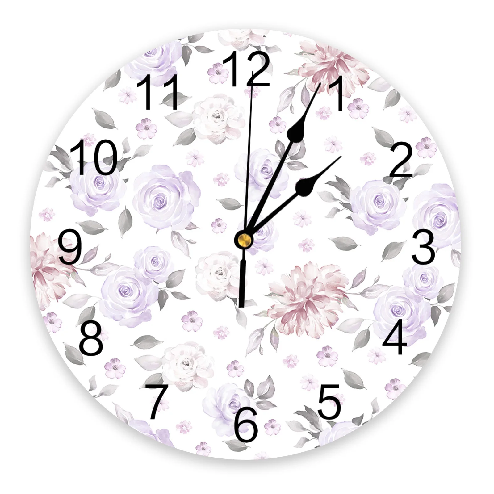 

Watercolor Flower Leaves Lavender Color Wall Clock Modern Design Hanging Watch for Home Decoration Home Living Room Wall Art
