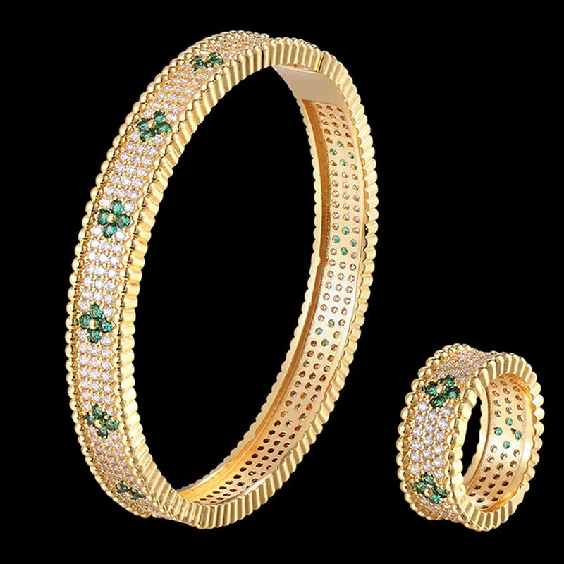 gold green Zlxgirl, роскошный бренд, простой AAA кубический циркон, браслет и кольцо, ювелирный набор, свадебный браслет, Пара подарков, Сумка - Окраска металла: gold green