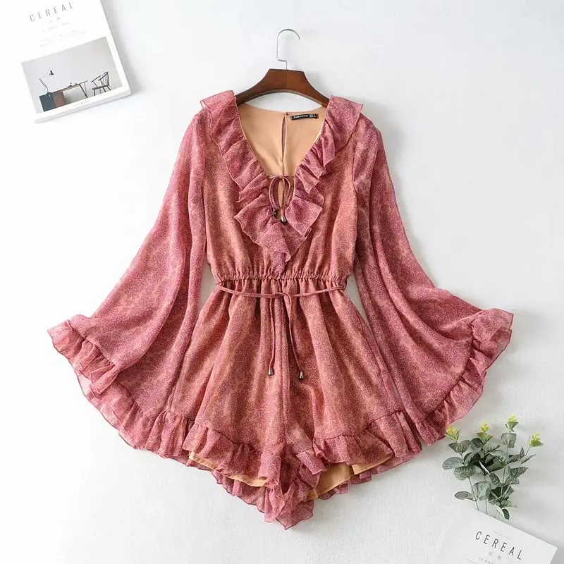 Женский винтажный шикарный комбинезон Бохо с цветочным принтом V-образным