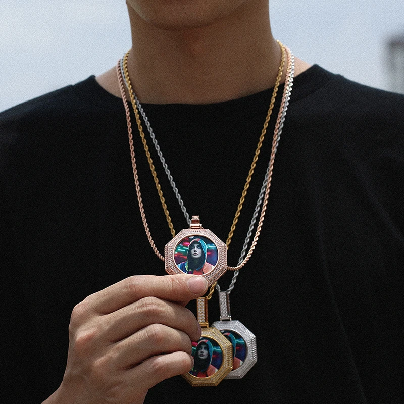 

New Octagon Custom Made Picture Medallions Necklace Pendant Cubic Zircon Tennis Chain Men's Hip Hop Fashion Jewelry
