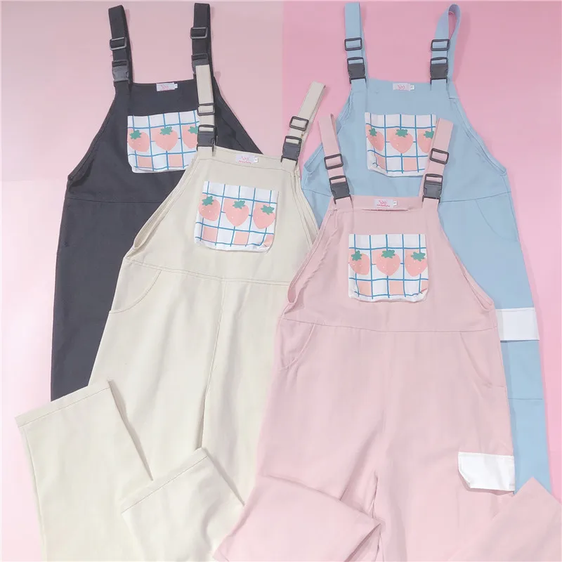 Комбинезон женский с принтом клубники брюки на подтяжках в корейском и японском