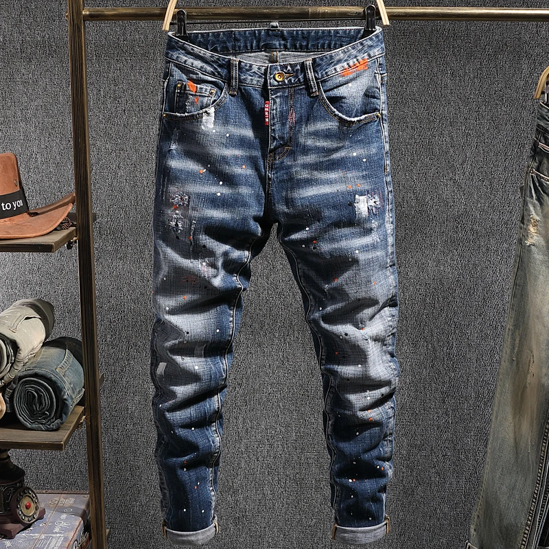Модные уличные мужские джинсы высокого качества, эластичные облегающие дизайнерские рваные джинсы, Мужские панковские узкие брюки, джинсы ...