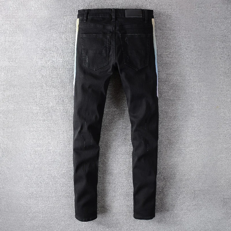 Джинсы мужские Плиссированные в полоску Узкие рваные брюки скинни из денима