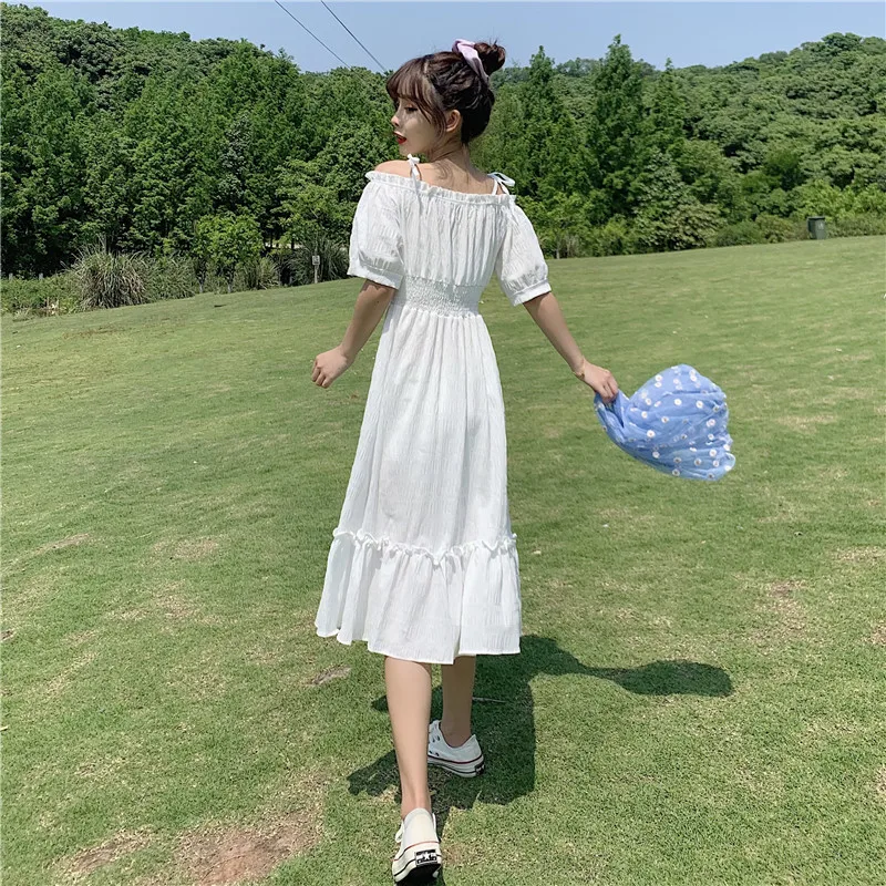 Платье женское с круглым вырезом белое платье средней длины на тонких бретелях