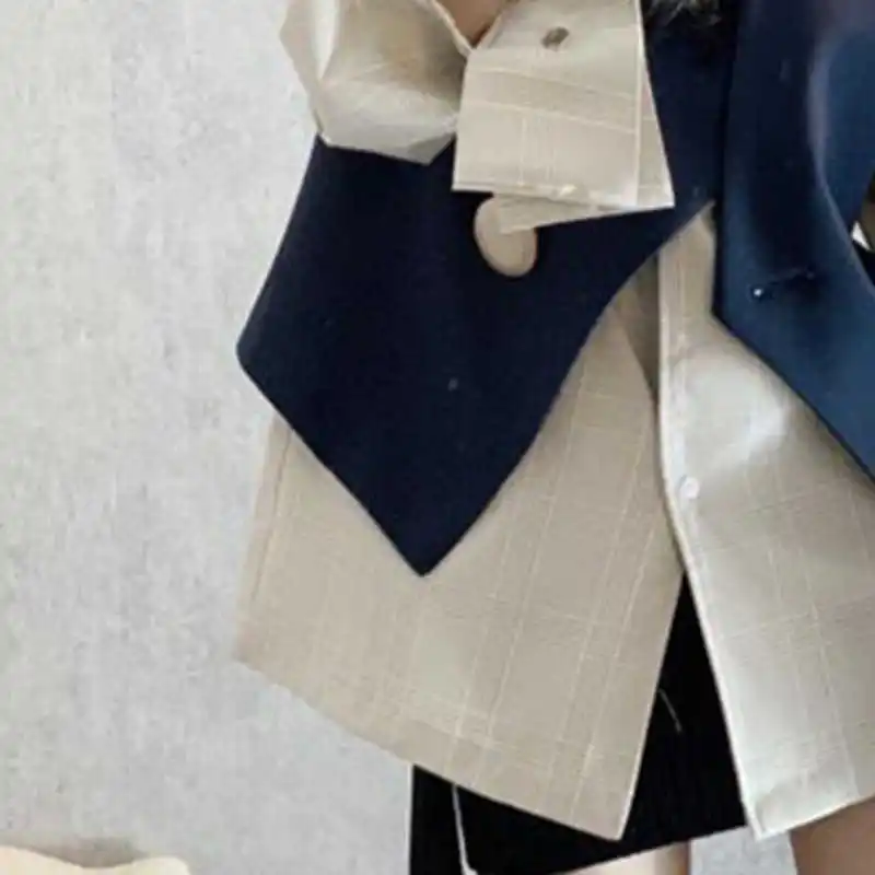 

[DEAT] Half-body Khaki Plaid Vest Two Pieces Suit Notched Neck Long Sleeve Loose Women Fashion Spring Summer 2021 GX1054