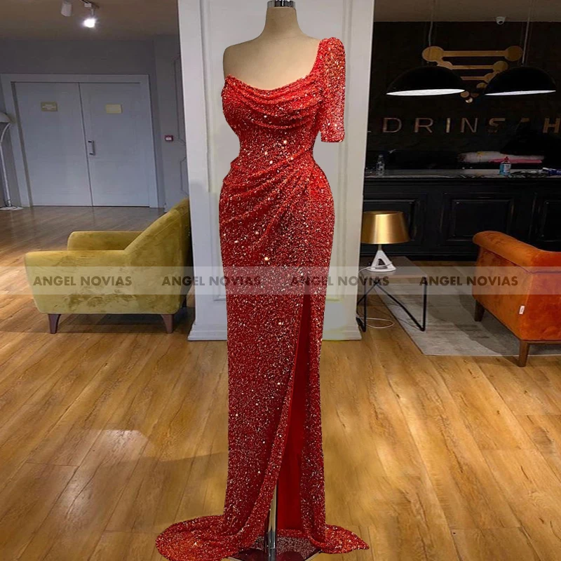 

ANGEL NOVIAS Long Red Glitter Evening Dress 2021 One Shoulder with Slit Caftan Arabic Prom Gowns Robe De Soiree 2020