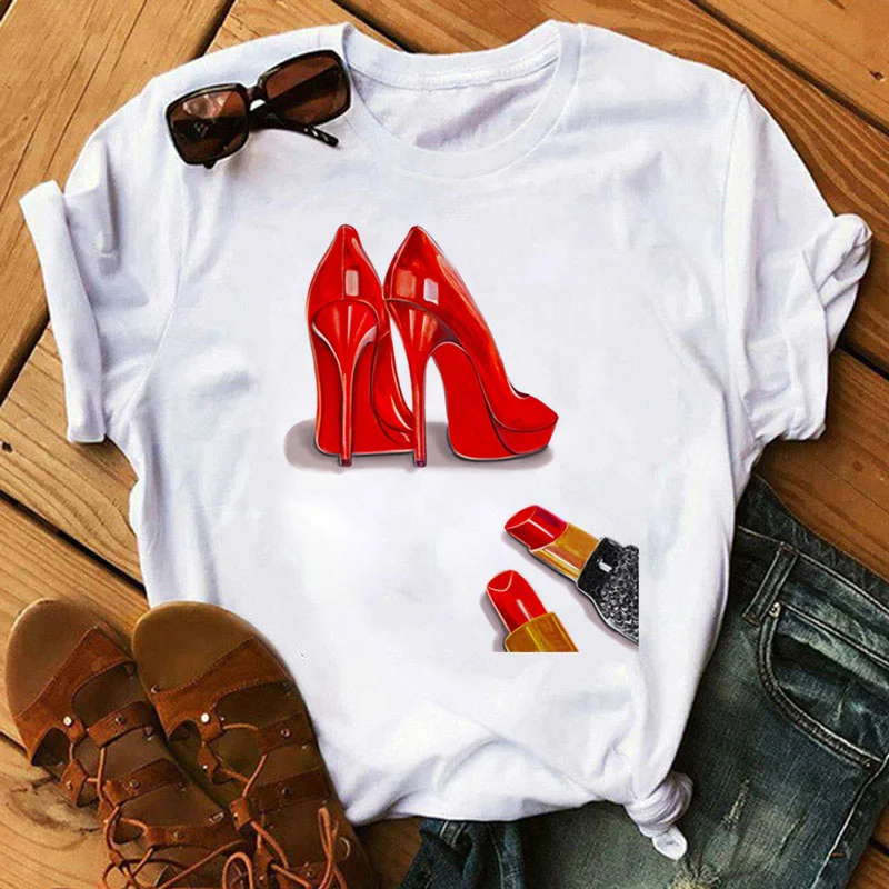 

New Fashion Women T Shirt Red High Heels Shoes and Lipstick Print Vogue T Shirt Female Harajuku Tops Tee 90s Female Clothing Tee