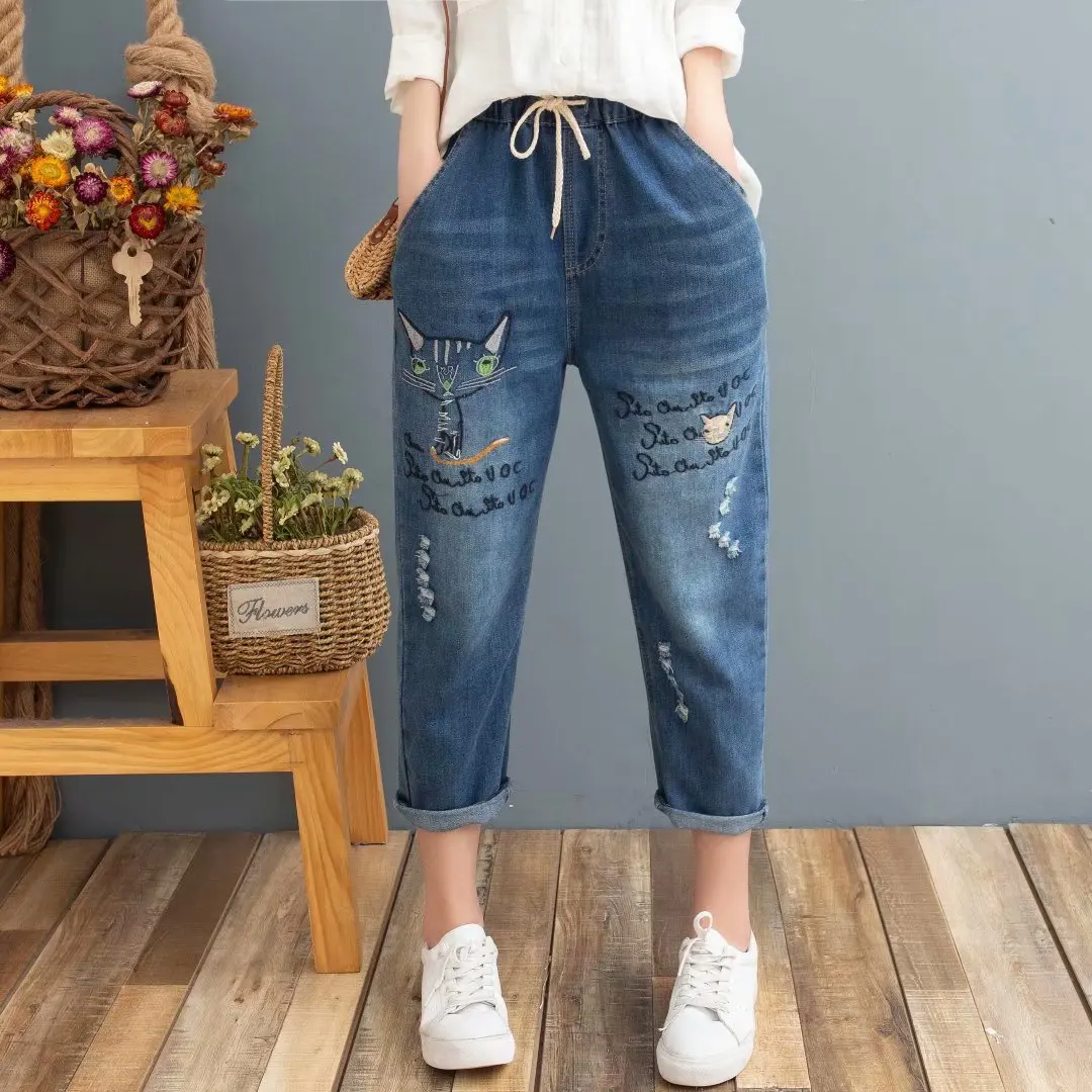 Новинка лета 2020 женские джинсовые брюки с вышитыми цветами свободный