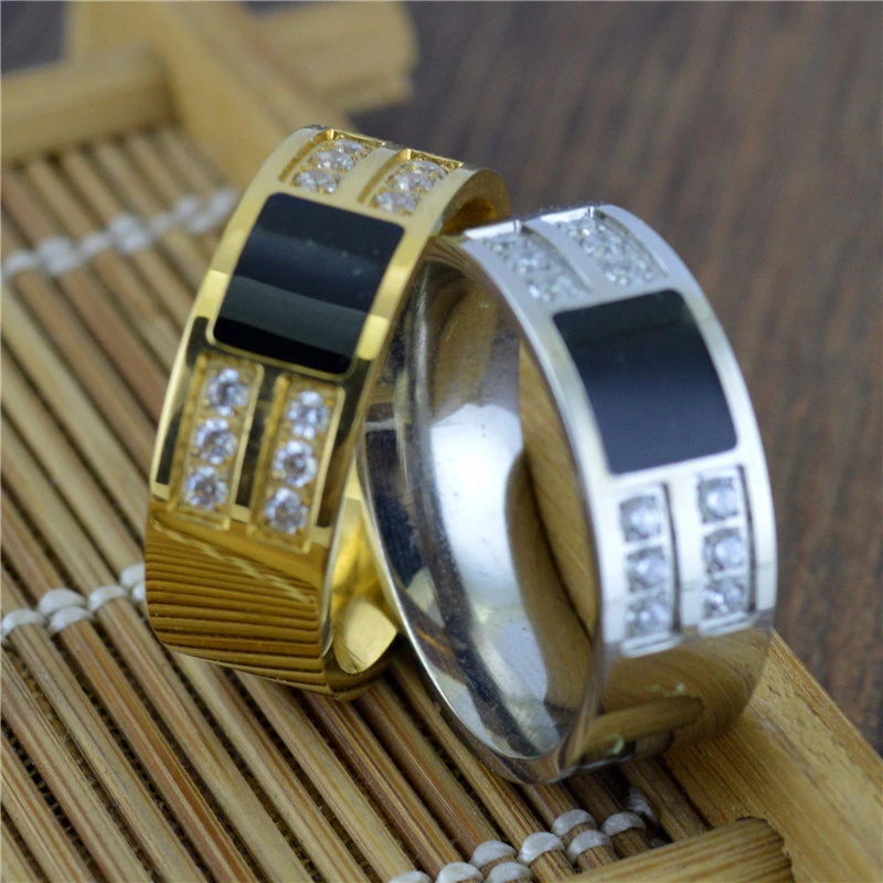 

2020 New Styles Gold Color Stainless Steel Wedding Rings For Women Party Vintage Jewelry Fashion Epoxy Black Ring With CZ Stone