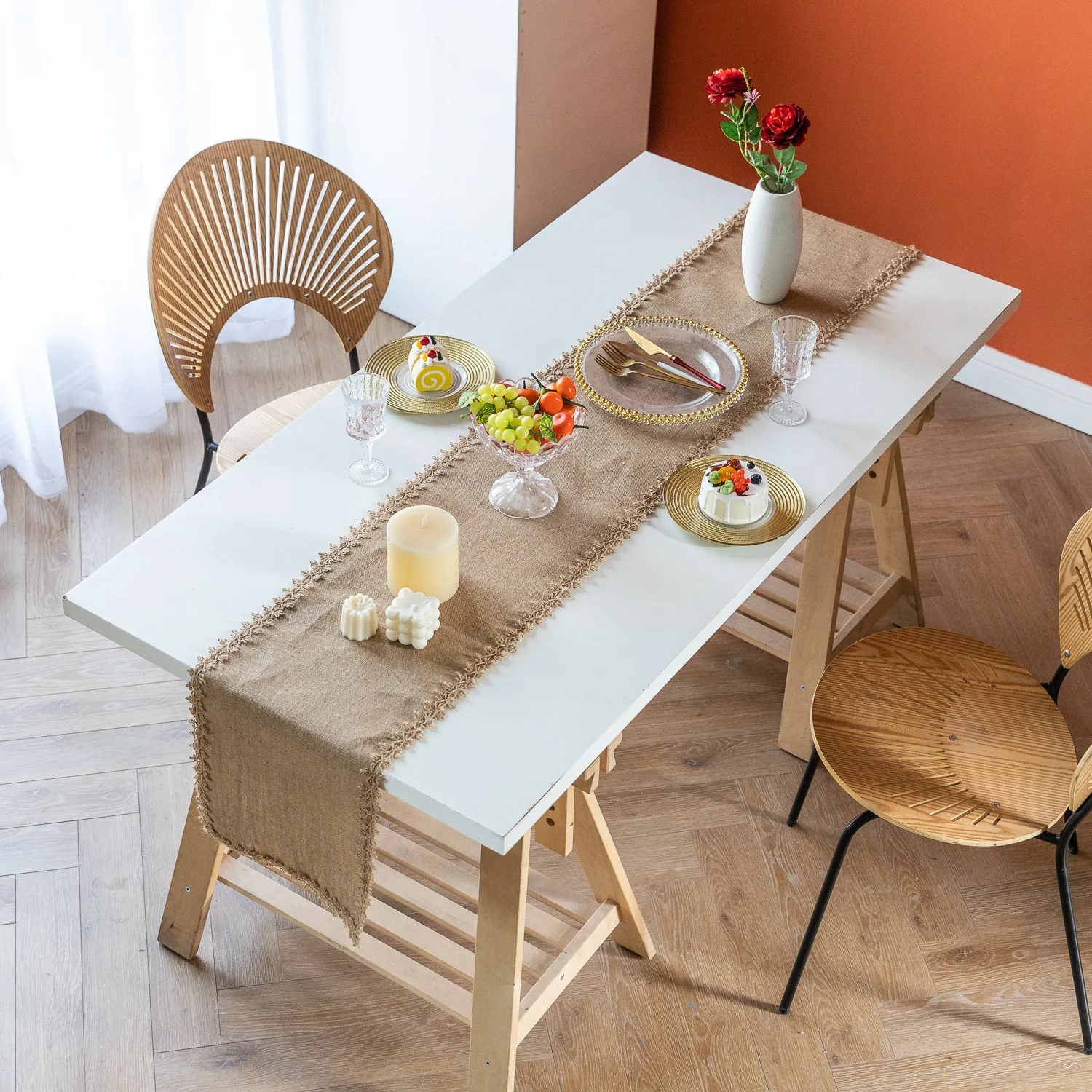 

Linen Table Runner With Lace Edged Restaurant/Hotel/Home Decoration Table Cloth Woven Table Cover Living Decoration