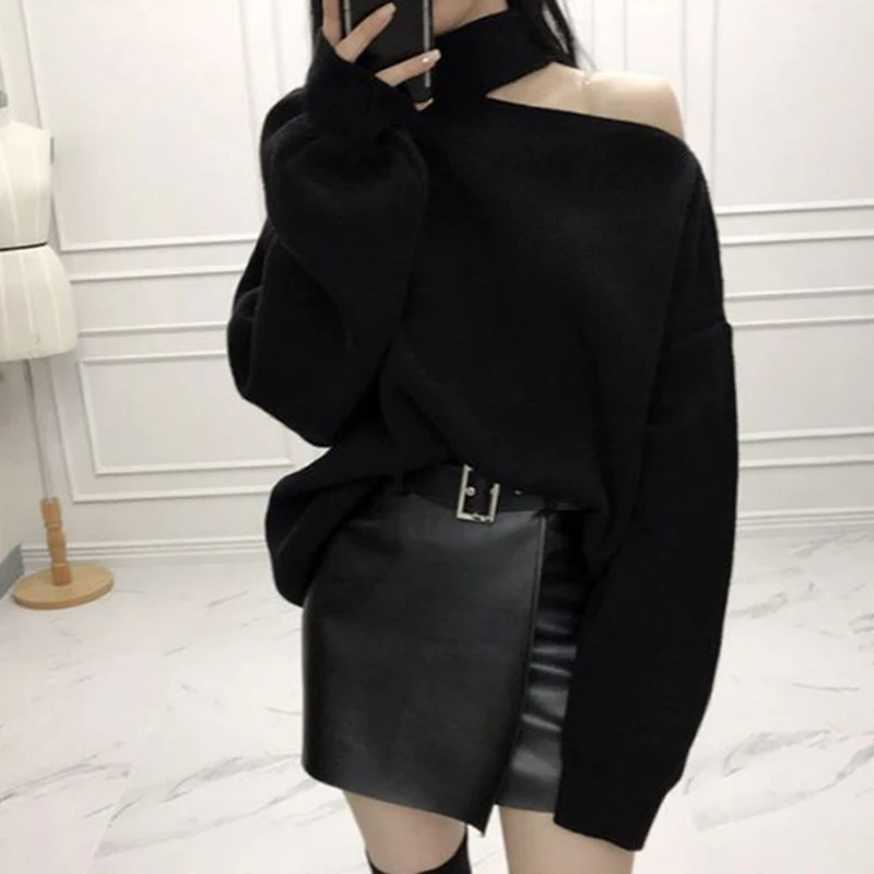 BGTEEVER Turtleneck Cold-shoulder Loose Women Knitted Pullover Winter Casual Solid Female Sweater Jumpers Femme Knit Tops 2020 | Женская