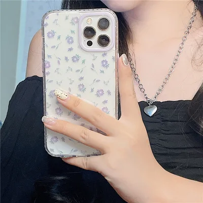 

New Fashion Stylish Gentle Purple Flower Suitable Transparent Apple Mobile Phone Case For Female Exquisite 2021 Style