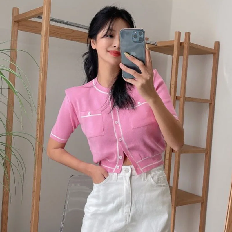 

One-Piece Summer Women Sweater Tops Korean Chic Single-Breasted Short Sleeve Office Ladies Color Knitting Casual Shirt Clothing