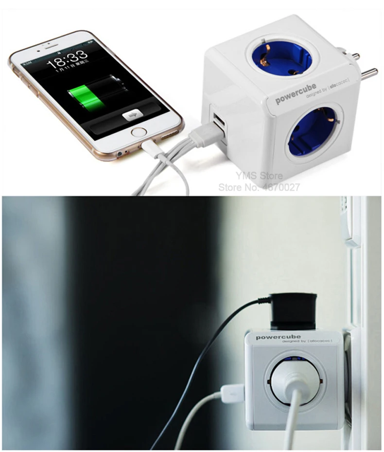 Allocacoc разъем питания ЕС Plug Мощность Strip 4 розетки 2 адаптер usb-портов Расширение адаптер умный дом Multi включен синий