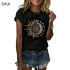 Лето 2021 года Новая женская повседневная модная футболка с принтом солнца и луны с принтом, свободная, мягкая, с круглым вырезом, с коротким рукавом, футболка для пары, черный