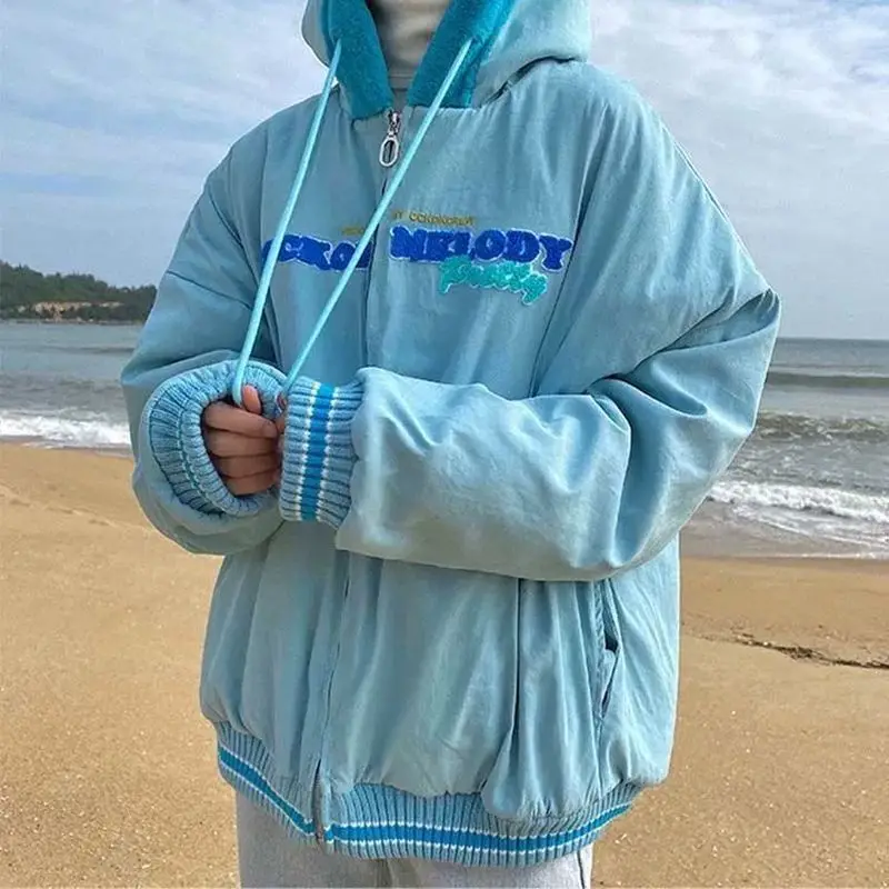 

Hooded cotton jacket women preppy loose student 2021 winter new Korean vintage letter Hong Kong style cardigan padded warp coat
